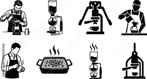 Foto Coffee brewing methods and barista icon set featuring manual espresso makers sip