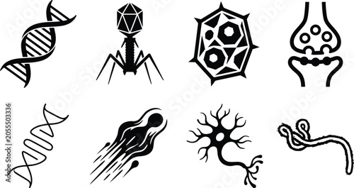 Biology and microbiology vector icon set featuring dna strands bacteriophage cells neuron and virus structures