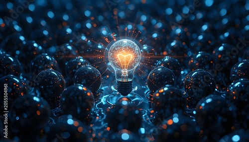Radiant Light Bulb Idea Amongst Dark Spheres, Symbolizing AI Birth and Innovation