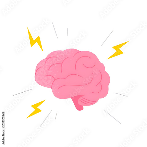 Human brain illustration with lightning bolts representing brainstorming or headache
