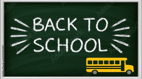 Back to school text on green chalkboard with yellow school bus
