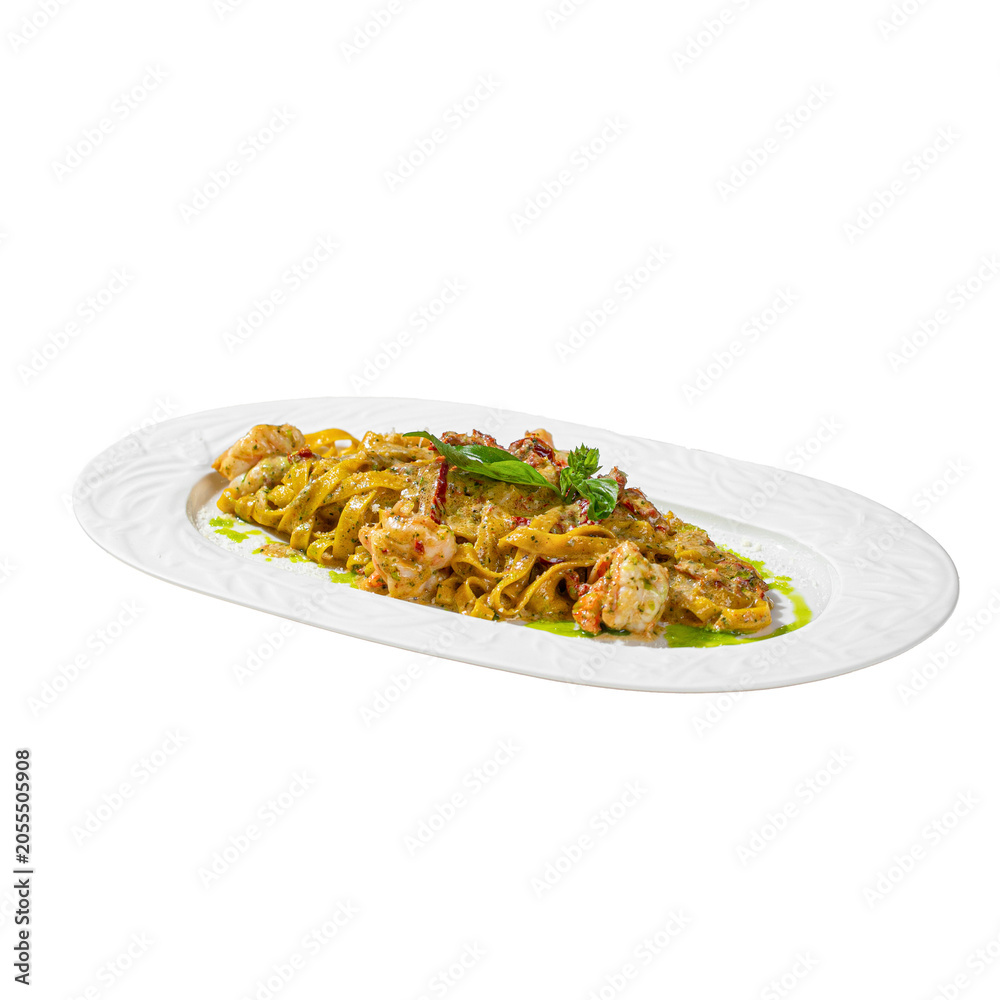Fototapeta premium Shrimp pasta in creamy herb sauce