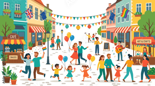 Cuadro en lienzo Vibrant community street festival with people celebrating and colorful flags