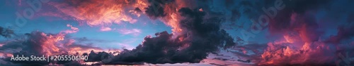 Dramatic Sunset Sky Panorama with Stormy Cumulonimbus Clouds in Vivid Orange, Pink, and Blue — Widescreen Cloudscape
