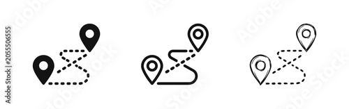Foto Navigation Route Icon Set: Map Pins with Dotted Path in Solid, Outline, and Hand-Drawn Styles