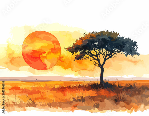 Tree on the African savannah sunset illustration