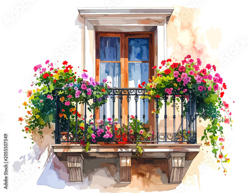 Old balcony with flowers in a tenement house illustration
