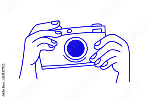 Vector simple linear illustration, hands and gestures, hand drawn illustration, poster, logo, print design template, hands holding camera, photography concept