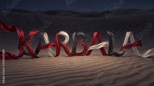 Karbala fabric text design Islamic First month desert sand night background