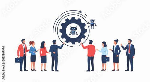 Business Team Integrating Artificial Intelligence and Robotic Process Automation Concept with Large Cogwheel and Robots