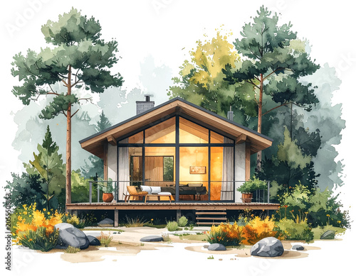 Nowoczesny domek w lesie akwarelowa ilustracja