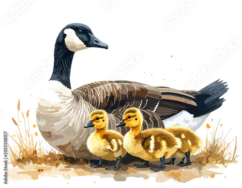 Gęś z pisklętami akwarelowa ilustracja