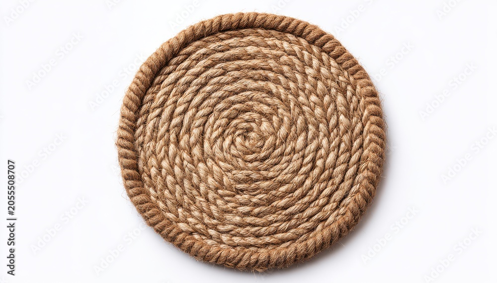 Obraz premium Circular coaster made of natural coiled jute rope, isolated on white background