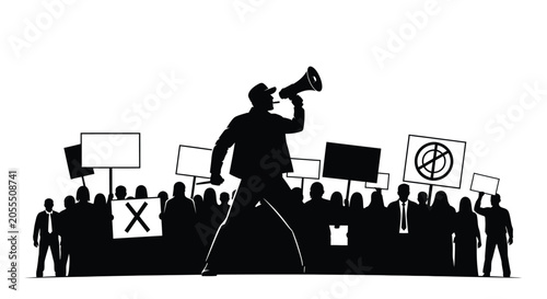 Tableau sur toile Protest Crowd With Megaphone And Signs Black Silhouette demonstration rally