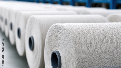 Industrial yarn bobbins on spools in textile factory