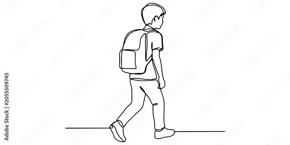 Obraz premium Continuous line drawing of a school boy walking with backpack