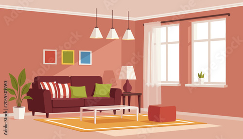 Tableau sur toile Cozy living room interior with red sofa and pendant lights interior furniture