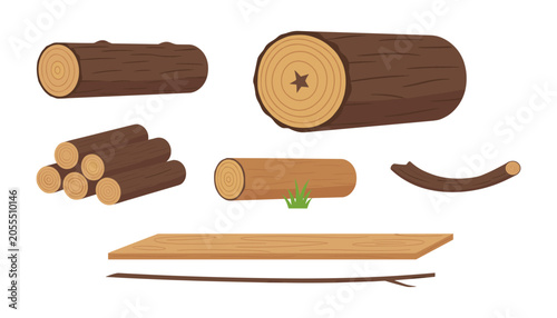 Photos Set of various wooden logs and timber plank isolated with firewood, material