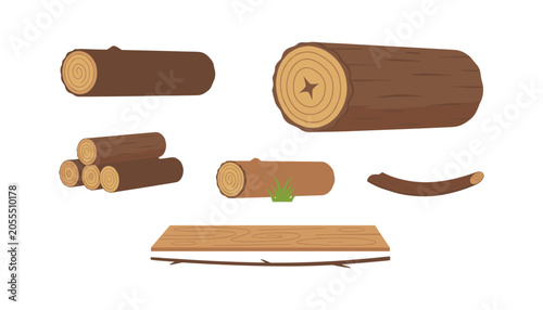 Photos Collection of wooden logs and timber plank elements with firewood, material