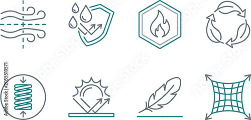 Photos Fabric and mattress properties line icon set featuring breathable waterproof fir