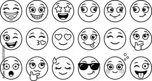 Картината върху платно Cute female emoji character face line icon set featuring happy smiling winking l
