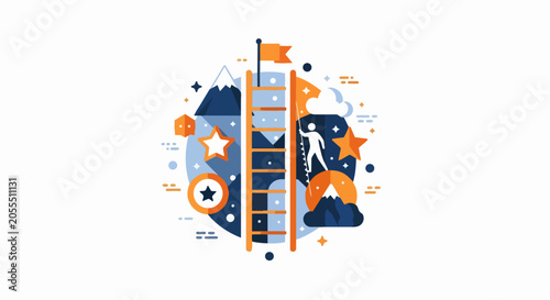Business Success and Career Growth Concept Flat Illustration with Person Climbing Ladder to Achievement Goal