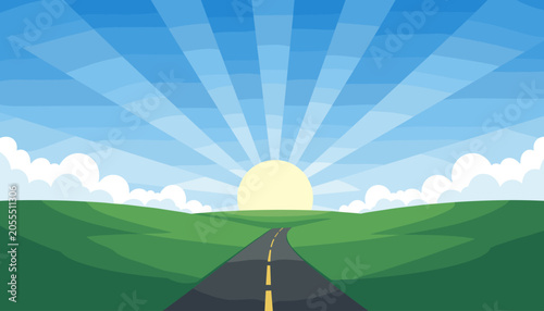 Fotografía Road leading to sunrise over green hills background illustration with landscape
