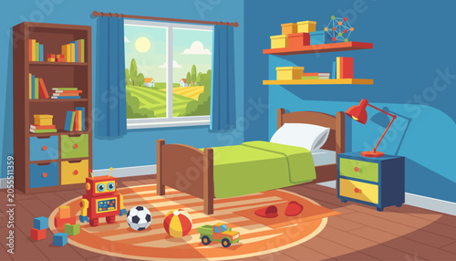 Kid bedroom interior design with toys and bookshelf illustration, children