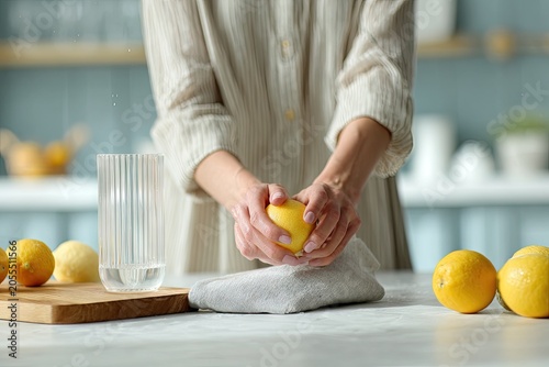 Woman preparing fresh lemon juice in modern kitchen setting healthy lifestyle