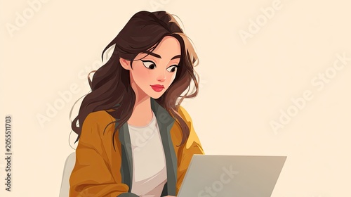 Woman working on laptop computer digital art illustration for business or design