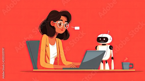 Woman working with robot on laptop computer against red background