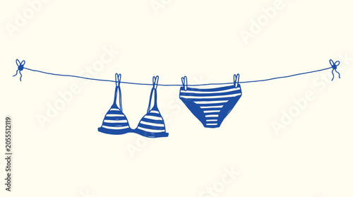 Blue striped bikini hanging on a clothesline, handdrawn vector illustration of summer swimwear