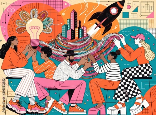 Creative team brainstorming ideas with colorful yarn art business meeting urban office collaborative environment innovative viewpoint