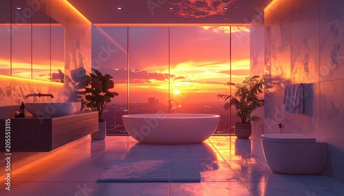 Luxurious bathroom with sunset view and modern design elements.