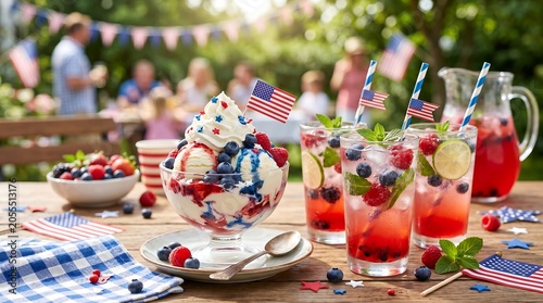 Delicious Fourth of July dessert and drinks on table with festive decorations and blurred background.