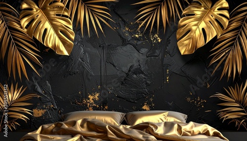 Luxurious Bedroom Interior with Golden Palm Leaves and Dark Textured Wall.