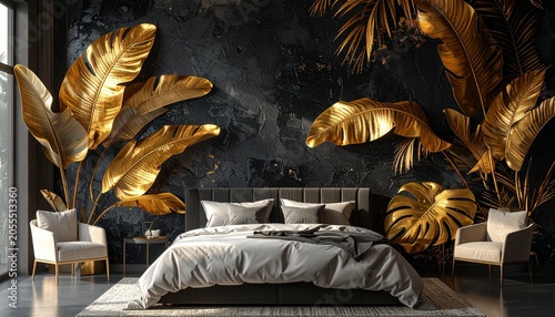 Luxurious bedroom interior with golden tropical leaf wallpaper and elegant furniture.