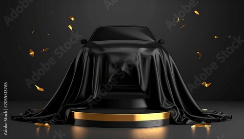 Luxurious Car Unveiling - Black Silk Drape and Golden Accents.
