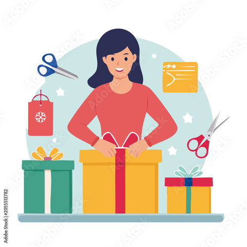 Woman wrapping a gift with scissors and gift boxes