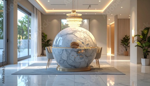 Luxurious Dining Room with Marble Sphere Table and Chandelier.