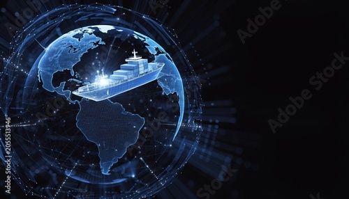 Innovative holographic cargo ship navigating global trade routes smart logistics visualization futuristic supply chain management digital oceanic environment