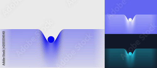 Vászonkép Horizontal parallel lines bending around a central sphere simulating gravitational spacetime curvature in three color variations on gray, violet, and dark backgrounds, vector science illustration set