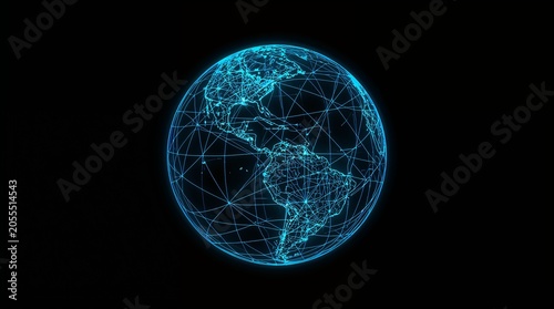 Digital wireframe globe with glowing network connections global communication concept on dark background