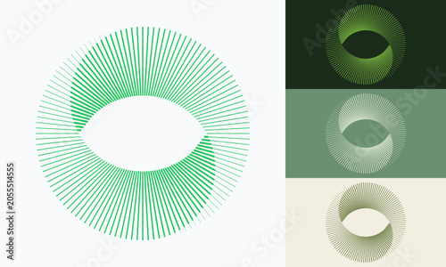 Abstract green geometric eye icon formed by radial lines. Vector minimal linear logo element representing vision, future technology, and organic growth.