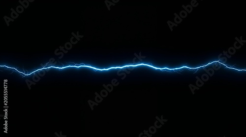 Blue electric lightning bolt striking horizontally on black background energy concept