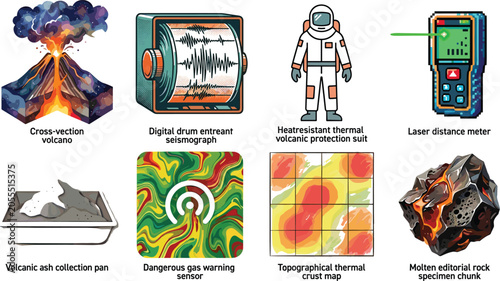 Εκτύπωση καμβά Volcanology and geological research icon collection featuring erupting volcano,