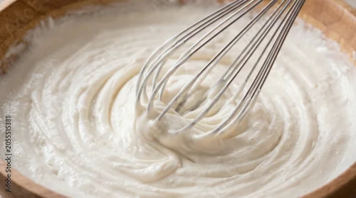 Fototapeta samoprzylepna Whisking batter in a wooden bowl with a creamy texture