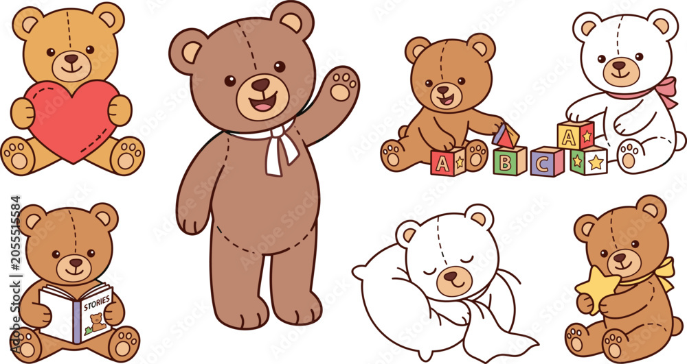 Fototapeta premium Cute Teddy Bear Characters Vector Illustration Set