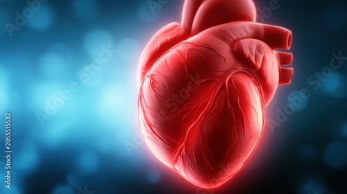 3D render of a realistic human heart against a blue abstract bokeh background