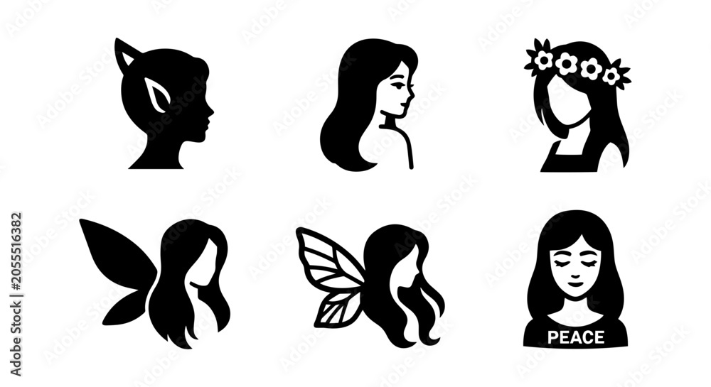 Obraz premium Fairy Icons, Fantasy Characters, Mythical Beings, Enchanted Figures, Vector Silhouettes